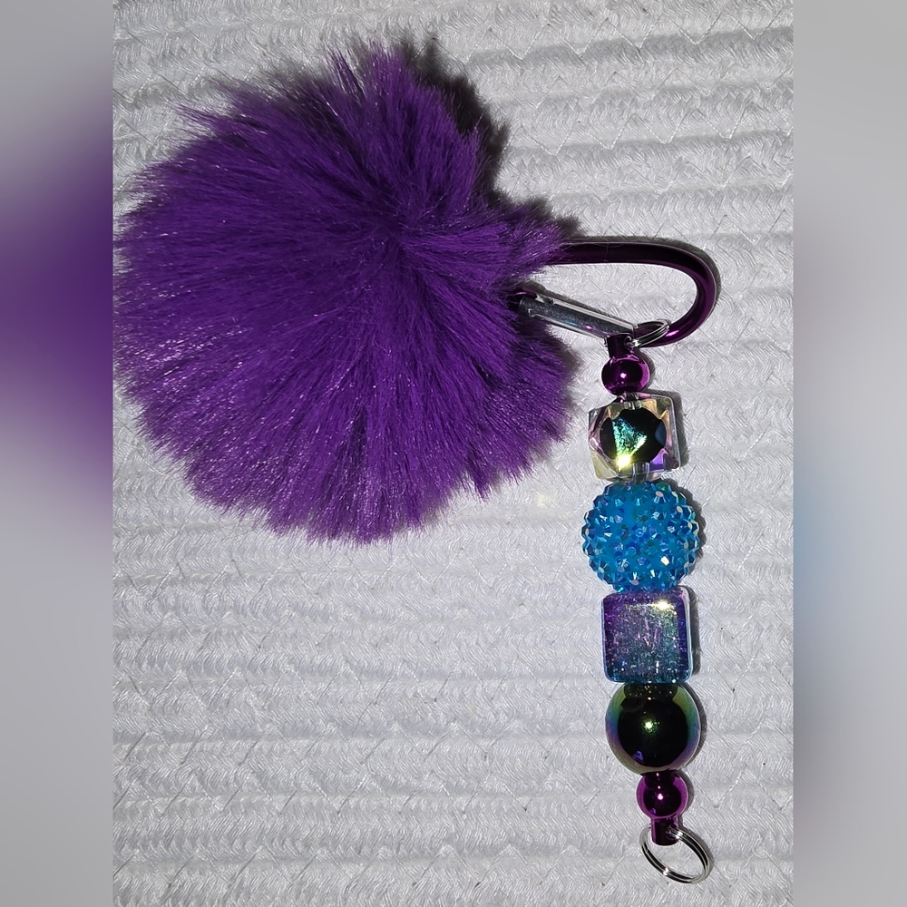 Purple Pom Pom Keychain with Blue Glam Beads